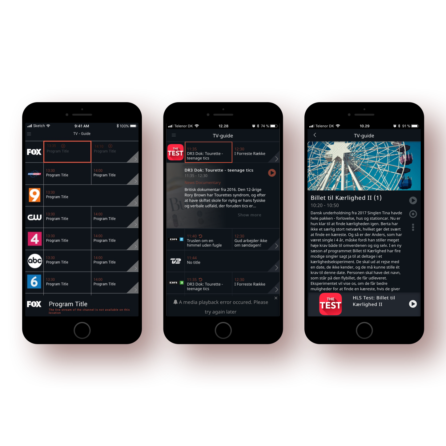 Before: legacy EPG mobile interface showing grid layout, program details, and content view